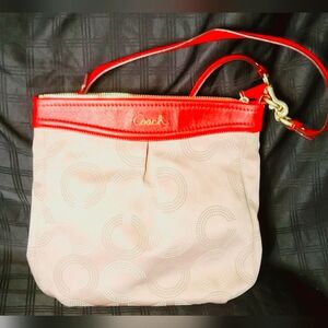 COACH Ashley Dotted Op Art Jacquard Hippie Handbag Red & Khaki Purse